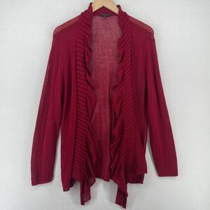 EILEEN FISHER Cardigan XL Rayon Linen Blend Ruffled Pleated Sheer Open Front Red